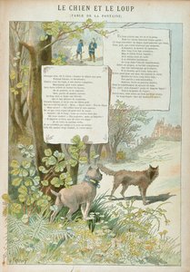 犬と狼、ジャン・デ・ラ・フォンテーヌ作「寓話」（1621-95）（カラー彫刻）
